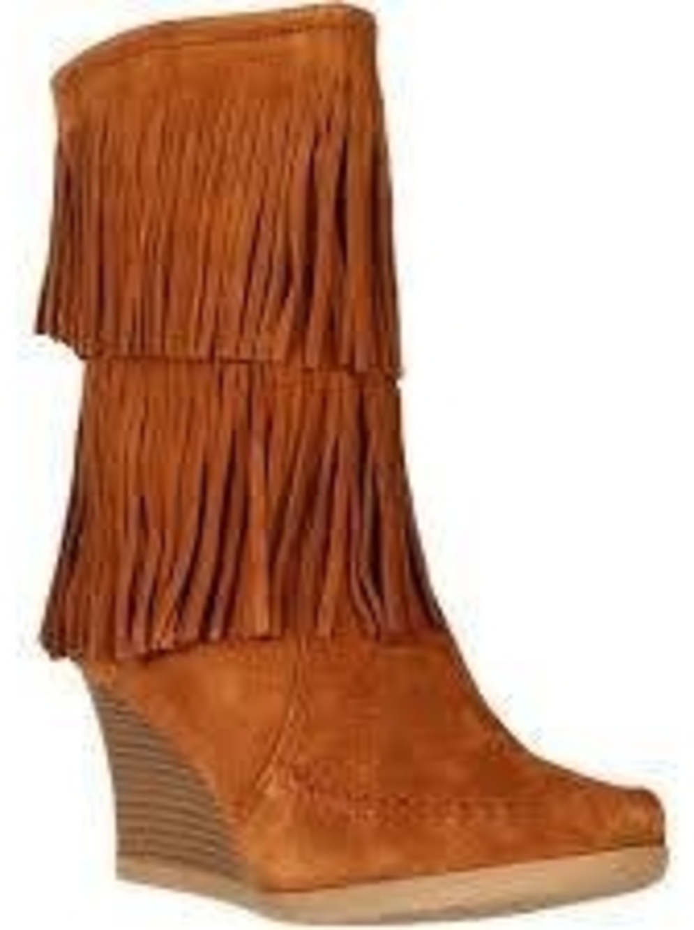 Minnetonka Women's 2 Layer Fringe Wedge Cognac Boots Suede Mid Calf Sz 8